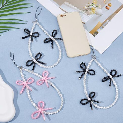 4Pcs Elegant Beaded Pearl Phone Charms Strap 2 Colors Bow Aesthetic Keychain Universal Cell Phone Beaded Lanyard Wrist Strap for Bag Camera Pendants Decor Pink and Black in Saudi Arabia