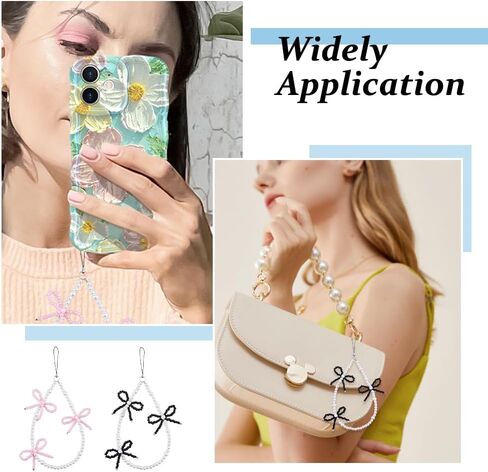 4Pcs Elegant Beaded Pearl Phone Charms Strap 2 Colors Bow Aesthetic Keychain Universal Cell Phone Beaded Lanyard Wrist Strap for Bag Camera Pendants Decor Pink and Black in Saudi Arabia