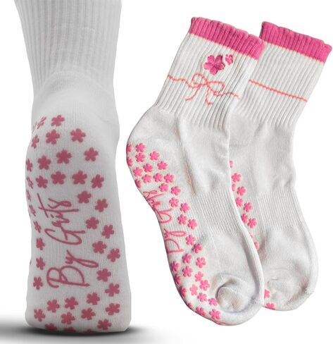 Women’s Pilates Grip Socks – Beige Non-Slip Barre & Yoga Socks with Poodle Puppy Embroidery, Paw Grip Motifs & Brown Ruffle Trim – Cute Non Skid Socks By Grits in Saudi Arabia