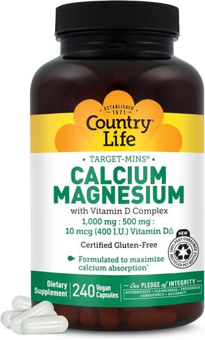 Country Life Target-Mins كالسيوم ومغنيسيوم مع مركب فيتامين د، 1000 مجم/500 مجم/10 ميكروجرام، 120 كبسولة نباتية، معتمدة خالية من الغلوتين، نباتي معتمد، تم التحقق من أنها غير معدلة وراثيًا in Saudi Arabia