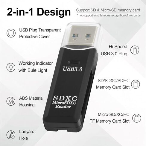 قارئ بطاقة SD ميكرو USB3.0، قارئ بطاقة SD 2 في 1 إلى محول USB، قارئ بطاقة ذاكرة Wansurs لبطاقات SDXC، SDHC، MMC، RS-MMC، Micro SDXC، Micro SD، Micro SDHC وUHS-I in Kuwait