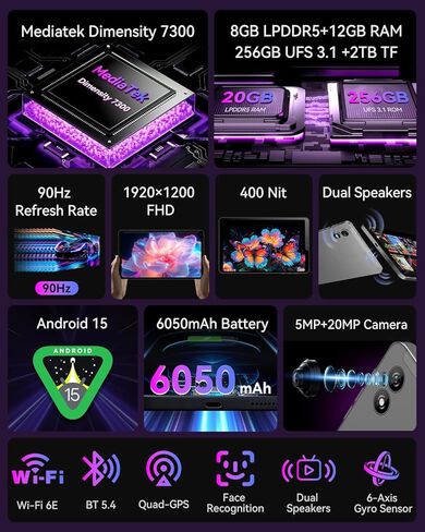 تابلت Android 15 مقاس 8.4 بوصة، Mediatek Dimensity 7300 ثماني النواة، 20(8+12)GB+256GB+2 تيرابايت، 90 هرتز 1920×1200 FHD Widevine L1، 4G LTE وWiFi 6E، Quad-GPS وBT5.4، كاميرا مزدوجة 20MP+5MP، 6050 مللي أمبير Bpad Mini Ultra in Saudi Arabia
