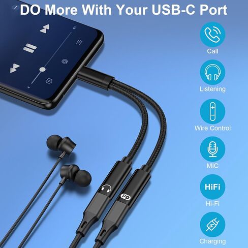 محول مقسم USB C لـ Google Pixel 10 Pro Fold/10 Pro XL/9A/8/7/6,2 in1 نوع USBC محول سماعة رأس صوت مع كابل دونجل شحن سريع PD 60W لهاتف Samsung Galaxy S25 Ultra S24 S23 A17 A16 A36 in Kuwait