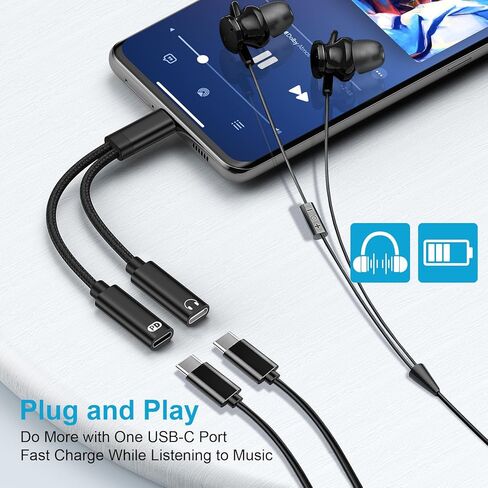 محول مقسم USB C لـ Google Pixel 10 Pro Fold/10 Pro XL/9A/8/7/6,2 in1 نوع USBC محول سماعة رأس صوت مع كابل دونجل شحن سريع PD 60W لهاتف Samsung Galaxy S25 Ultra S24 S23 A17 A16 A36 in Kuwait