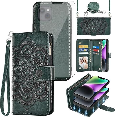 حافظة هاتف Asuwish لهاتف iPhone 14 مقاس 6.1 بوصة مزودة بسحاب وغطاء خلوي قابل للفصل مع واقي شاشة من الزجاج المقسى وحزام كروس وفتحة حامل بطاقات على شكل زهرة iPhone14 5G i-Phone i14 14Case نسائي أرجواني in Kuwait