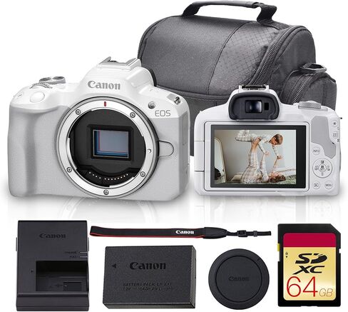 Canon EOS R50 Mirrorless Camera (White) Bundle | 24.2MP APS-C Sensor, Dual Pixel CMOS AF II & 4K Video Recording | Great for Travel & Content Creation (5812C002) + 64GB Memory Card + Camera Bag in Saudi Arabia