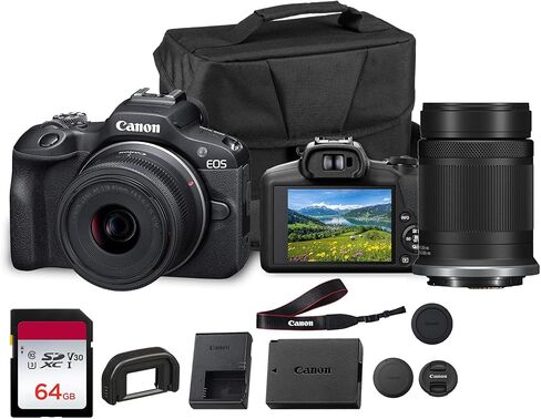 Canon EOS R50 Mirrorless Camera (White) Bundle | 24.2MP APS-C Sensor, Dual Pixel CMOS AF II & 4K Video Recording | Great for Travel & Content Creation (5812C002) + 64GB Memory Card + Camera Bag in Saudi Arabia