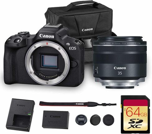 Canon EOS R50 Mirrorless Camera (White) Bundle | 24.2MP APS-C Sensor, Dual Pixel CMOS AF II & 4K Video Recording | Great for Travel & Content Creation (5812C002) + 64GB Memory Card + Camera Bag in Saudi Arabia