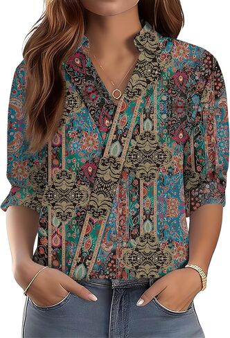 LOMON 3/4 Length Sleeve Womens Tops Dressy V Neck Collared Shirts Trendy Business Casual Work Blouses Vacation Outfits 2026 in Saudi Arabia