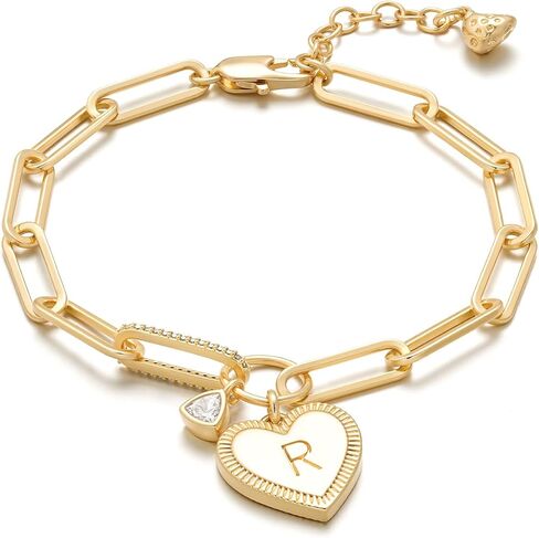 MYEARS Gold Initial Bracelets for Women 14K Gold Plated Heart Letter Charm Bracelets with Cubic Zirconia Adjustable Paperclip Chain, Personalized Jewelry Gift for Her in Saudi Arabia