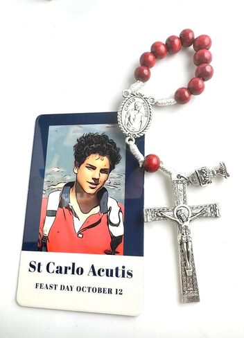 Westmon Works St Carlo Acutis مسبحة مسبحة لمدة عقد من المعدن والحبل ملحق المناولة الأولى مع بطاقة مقدسة مغلفة in Saudi Arabia