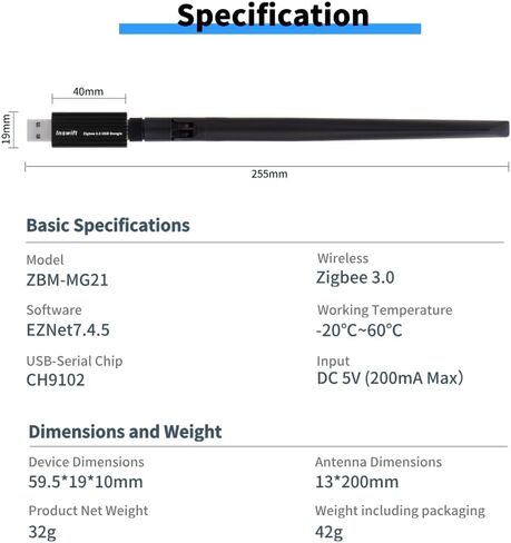 Smaller Size Zigbee 3.0 USB Dongle Gateway, Work with Home Assistant Zigbee2MQTT, EFR32MG21 Universal USB Gateway with Antenna, Wireless Zigbee Adapter in Saudi Arabia