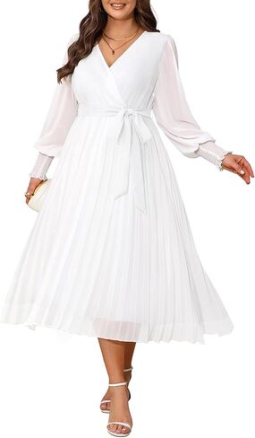 Pinup Fashion Plus Size Dresses Wedding Guest - Fall Semi Formal Long Sleeve Elegant Pleated Midi Dress in Saudi Arabia