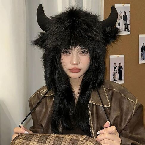 XGOPTS Winter Faux Fur Trapper Hat Warm Animal Plush Horn Earflaps Hat Novelty Fuzzy Costume Party Bull Hats Furry Snow Cap in Saudi Arabia