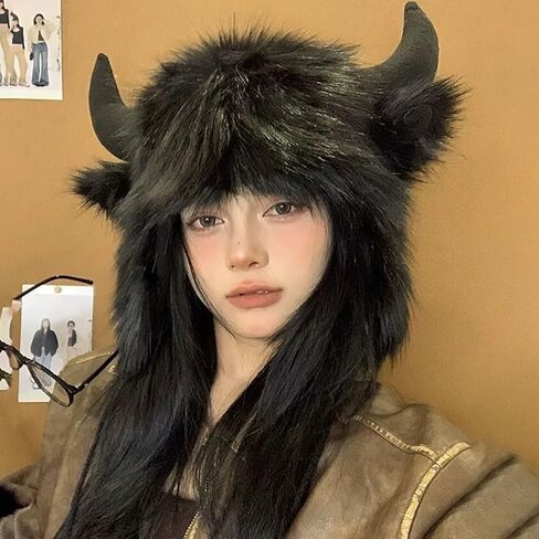 XGOPTS Winter Faux Fur Trapper Hat Warm Animal Plush Horn Earflaps Hat Novelty Fuzzy Costume Party Bull Hats Furry Snow Cap in Saudi Arabia