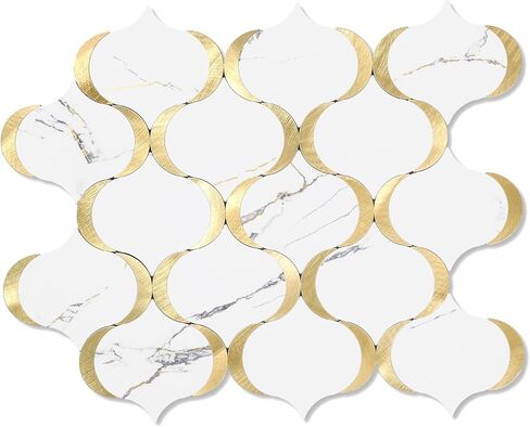 10 Sheet Arabesque Peel and Stick Backsplash Tile, Stick on Backsplash for Kitchen and Bathroom Wall, Ecru Beige Stone Look PVC Mixed Metal Aluminum in Kuwait