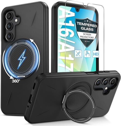 for Samsung Galaxy A16/A17 5G Phone Case with 360° Kickstand Ring & Tempered Glass Screen Protector [Compatible with MagSafe], Dual-Layer PC & TPU Shockproof Bumper Case for A16 5G/A17 4G 5G Black in Saudi Arabia