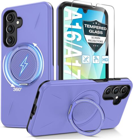 for Samsung Galaxy A16/A17 5G Phone Case with 360° Kickstand Ring & Tempered Glass Screen Protector [Compatible with MagSafe], Dual-Layer PC & TPU Shockproof Bumper Case for A16 5G/A17 4G 5G Black in Saudi Arabia