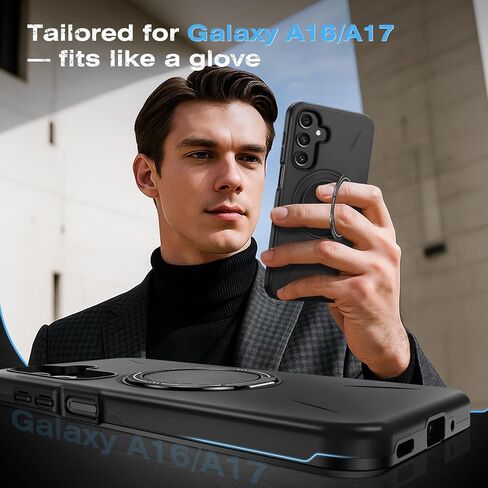 for Samsung Galaxy A16/A17 5G Phone Case with 360° Kickstand Ring & Tempered Glass Screen Protector [Compatible with MagSafe], Dual-Layer PC & TPU Shockproof Bumper Case for A16 5G/A17 4G 5G Black in Saudi Arabia