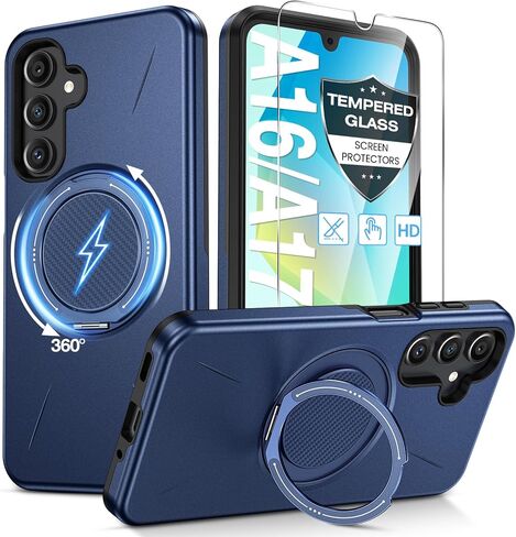for Samsung Galaxy A16/A17 5G Phone Case with 360° Kickstand Ring & Tempered Glass Screen Protector [Compatible with MagSafe], Dual-Layer PC & TPU Shockproof Bumper Case for A16 5G/A17 4G 5G Black in Saudi Arabia