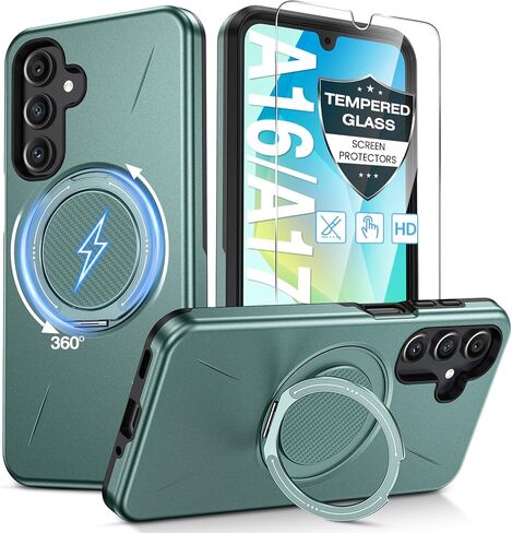 for Samsung Galaxy A16/A17 5G Phone Case with 360° Kickstand Ring & Tempered Glass Screen Protector [Compatible with MagSafe], Dual-Layer PC & TPU Shockproof Bumper Case for A16 5G/A17 4G 5G Black in Saudi Arabia