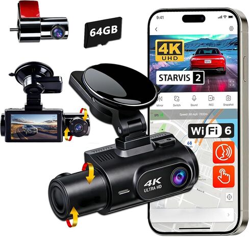 كاميرا داش كام 3 قنوات 4K أمامية وخلفية داخل ADAS واكتشاف البقع العمياء 5.8 جيجا واي فاي GPS، كاميرا سيارة مع بطاقة 64 جيجابايت، رؤية ليلية Starvis IR، وضع انتظار السيارات 24 ساعة، مكثف، يدعم 256 جيجابايت بحد أقصى JMKANGMA in Kuwait
