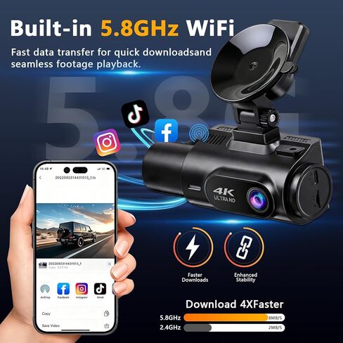 كاميرا داش كام 3 قنوات 4K أمامية وخلفية داخل ADAS واكتشاف البقع العمياء 5.8 جيجا واي فاي GPS، كاميرا سيارة مع بطاقة 64 جيجابايت، رؤية ليلية Starvis IR، وضع انتظار السيارات 24 ساعة، مكثف، يدعم 256 جيجابايت بحد أقصى JMKANGMA in Kuwait