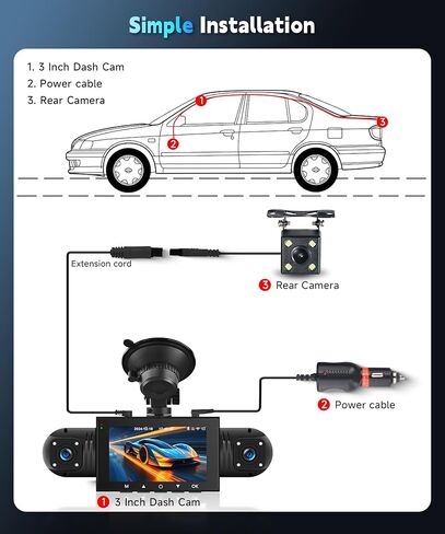 4 Channel Dash Cam 360°View 1080P Front and Rear Inside, Left, Right, Dash Camera for Cars, IR Night Vision 3 Inch IPS Monitor, 24H Parking Mode, Loop Recording in Saudi Arabia