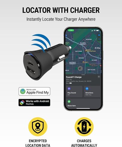 شاحن سيارة Scosche FoundIT Charge 32 وات، محول ولاعة سجائر متعدد المنافذ مع شحن سريع 20 وات USB-C ومنفذ USB-A 12 وات، محدد موقع مدمج متوافق مع Apple Find My وAndroid Find Hub in Kuwait