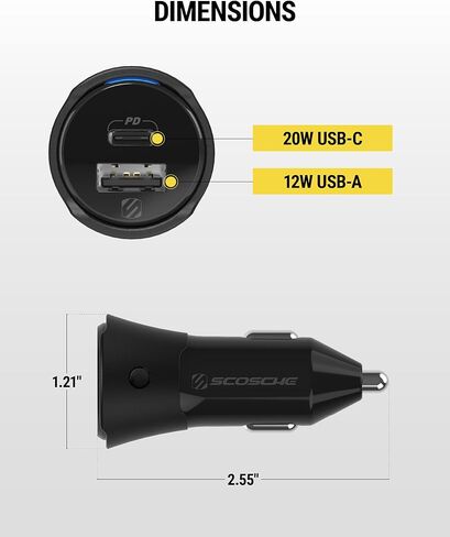 شاحن سيارة Scosche FoundIT Charge 32 وات، محول ولاعة سجائر متعدد المنافذ مع شحن سريع 20 وات USB-C ومنفذ USB-A 12 وات، محدد موقع مدمج متوافق مع Apple Find My وAndroid Find Hub in Kuwait