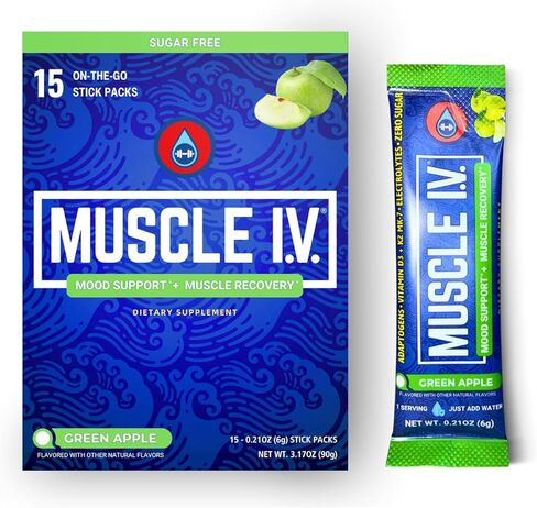 MUSCLE I.V.® دعم المزاج، التعافي، مكمل خفض الكورتيزول، فيتامين د3 ك2، جليسينات المغنيسيوم، إل-ثيانين، KSM-66® أشواغاندا، عبوات مسحوق الإلكتروليتات، خالي من السكر. 15 قيراط (التوت البري) in Kuwait