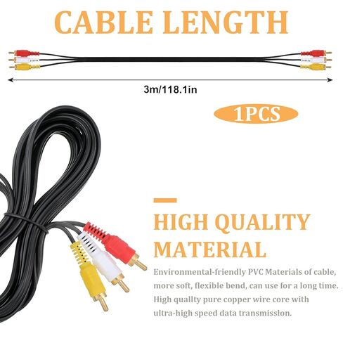 10FT RCA Audio Video Composite Cable, AV Cable Red/White/Yellow 3 Male to 3 Male for TV, DVD, VCR, Projector, Amplifier, Speaker, Satellite, Home Theater Receivers in Kuwait