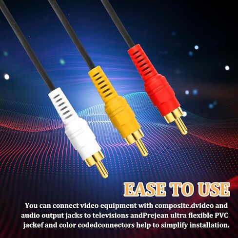 10FT RCA Audio Video Composite Cable, AV Cable Red/White/Yellow 3 Male to 3 Male for TV, DVD, VCR, Projector, Amplifier, Speaker, Satellite, Home Theater Receivers in Kuwait
