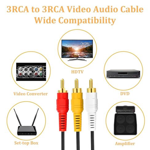 10FT RCA Audio Video Composite Cable, AV Cable Red/White/Yellow 3 Male to 3 Male for TV, DVD, VCR, Projector, Amplifier, Speaker, Satellite, Home Theater Receivers in Kuwait