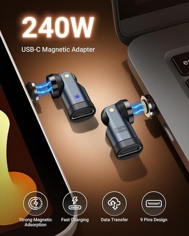 محول مغناطيسي MoKo USB C بقدرة 240 وات، 2 حزمة، 3 حزم 9 دبابيس رأس موصل مغناطيسي مع دوران 180 درجة 360 درجة، لهاتف iPhone 17 Air 16 15 Pro Max، MacBook/iPad، Galaxy in Kuwait