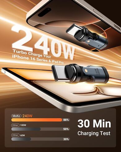 محول مغناطيسي MoKo USB C بقدرة 240 وات، 2 حزمة، 3 حزم 9 دبابيس رأس موصل مغناطيسي مع دوران 180 درجة 360 درجة، لهاتف iPhone 17 Air 16 15 Pro Max، MacBook/iPad، Galaxy in Kuwait