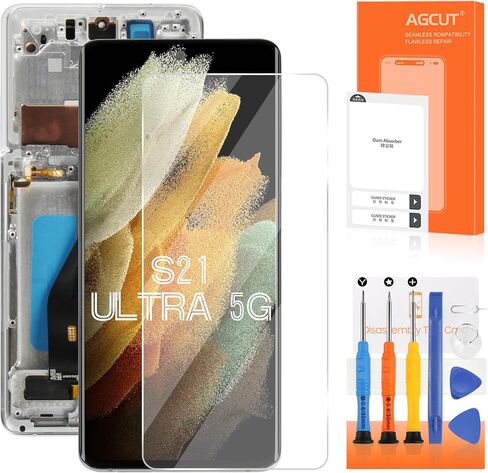 بديل شاشة OLED لهاتف Samsung Galaxy S21 Ultra لشاشة S21 Ultra LCD SM-G998B SM-G998U مجموعة شاشة LCD تعمل باللمس مع إطار فضي in Kuwait
