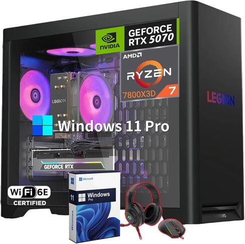 كمبيوتر سطح المكتب Lenovo Legion Tower 5 للألعاب، AMD Ryzen 7 7800X3D، NVIDIA GeForce RTX 5070 12GB GDDR7، 32GB DDR5 5600MHz، 1TB SSD، 2TB HDD، Whisper-Quiet Legion Cooling، Windows 11 Pro، مجموعة سماعات الألعاب in Kuwait