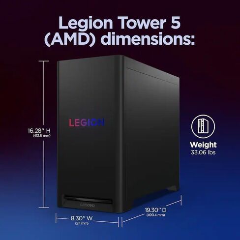 كمبيوتر سطح المكتب Lenovo Legion Tower 5 للألعاب، AMD Ryzen 7 7800X3D، NVIDIA GeForce RTX 5070 12GB GDDR7، 32GB DDR5 5600MHz، 1TB SSD، 2TB HDD، Whisper-Quiet Legion Cooling، Windows 11 Pro، مجموعة سماعات الألعاب in Kuwait