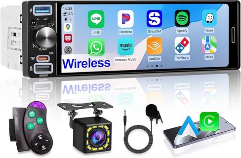 ستيريو سيارة أحادي الدين مقاس 6.5 بوصة، لاسلكي Apple CarPlay Android Auto، بلوتوث السيارة 5.2، راديو السيارة مع شاشة لمس HD داخل الخلية IPS، FM/AM/RDS، USB مزدوج من النوع C، كاميرا احتياطية عالية الدقة، مخرج صوت 180 وات، مضخم صوت in Kuwait