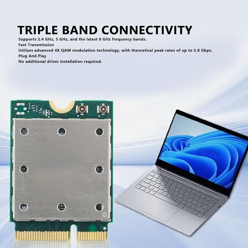 بطاقة الشبكة اللاسلكية WiFi 7، محول QCNCM865 M.2، 5.8 جيجابت في الثانية ثلاثي النطاق 2.4 جيجا هرتز 5 جيجا هرتز 6 جيجا هرتز مع دعم 4K QAM، لـ 11 جهاز كمبيوتر محمول in Saudi Arabia