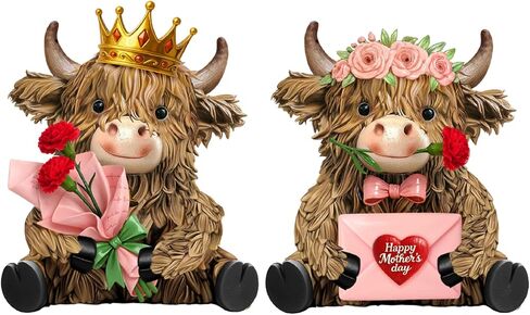 2 Pcs Happy New Year Highland Cow Figurines Decor New Year Cow Gnomes Gifts Resin Statue Calf Lovers Gifts for Farmhouse Home Garden Bathroom Kitchen Office Tiered Tray Table Decor in Saudi Arabia