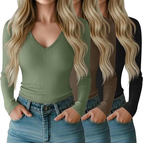 Riyiper 3 Pack Women Long Sleeve Shirts, 95% Cotton V Neck Ribbed Knit Tops Slim Fit Casual Going Out Tee Shirts in Saudi Arabia
