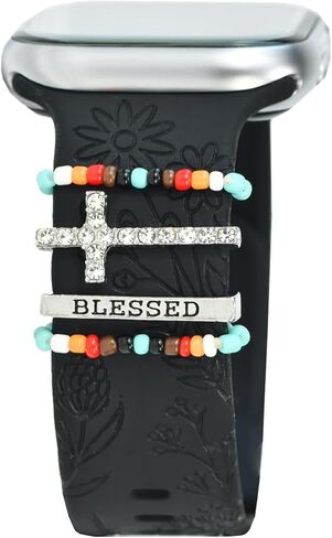Women Cross Blessed Faith Watch Band Charms for Apple Watch 38/40/41/42/44/45mm 49mm , Men Silver Stretchy Beaded boho western Decorative Rings Loops For iWatch series 8 7 6 5 4 3 2 se,For Samsung Galaxy watch 5/4,Christian Smart Watchband Charms Accessor in Saudi Arabia