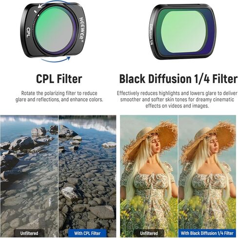 NEEWER Magnetic Variable ND2-32&1/4 Black Diffusion&CPL Filter Set and 2 in 1 Variable ND2-32 & 1/4 Black Diffusion Filter Compatible with DJI Osmo Pocket 3 Creator Combo in Saudi Arabia