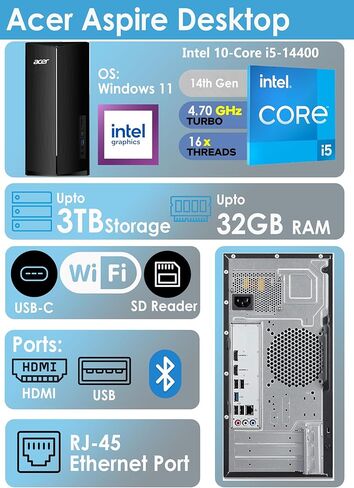 كمبيوتر سطح المكتب acer، وحدة المعالجة المركزية Intel 14th Gen Ultra-Fast 10-Core i5، وذاكرة وصول عشوائي DDR5 بسعة 16 جيجابايت، و1.5 تيرابايت (512 جيجابايت SSD و1 تيرابايت HDD)، وWi-Fi 6، ودعم شاشة 4K، وWins 11، وKB وماوس سلكي، وOffice 365 مجاني على الويب in Saudi Arabia