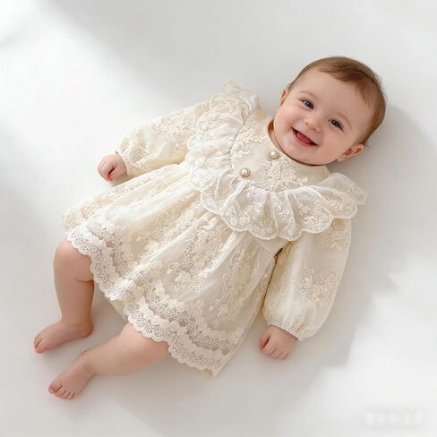 Newborn Baby Girl Lace Romper Dress Long/Short Sleeve Floral Ruffle Princess Dress Baby Shower Birthday Outfit in Saudi Arabia