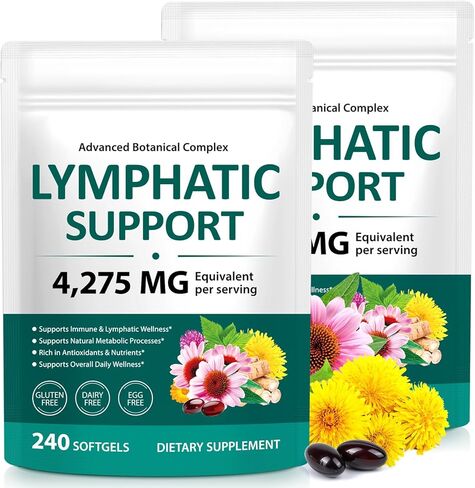 Lymphatic Drainage Supplements, 4275mg Lymph System Support Supplement for Women & Men,21-in-1 Herbal Blend,with Dandelion, Burdock, Echinacea,Rutin, Turmeric,Cleavers & More, 240 Softgels in Kuwait