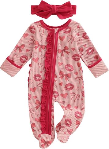 Newborn Girls Valentines Outfit Bow Heart Waffle Spring Coming Home Romper My First Valentine Baby Girl Jumpsuit in Saudi Arabia