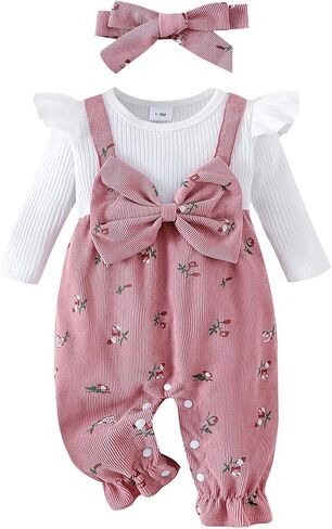 Infant Baby Girl Romper Clothes Fall Winter Long Rufffle Sleeve Bubble Romper Floral Bow One Piece Jumpsuit Outfits in Saudi Arabia